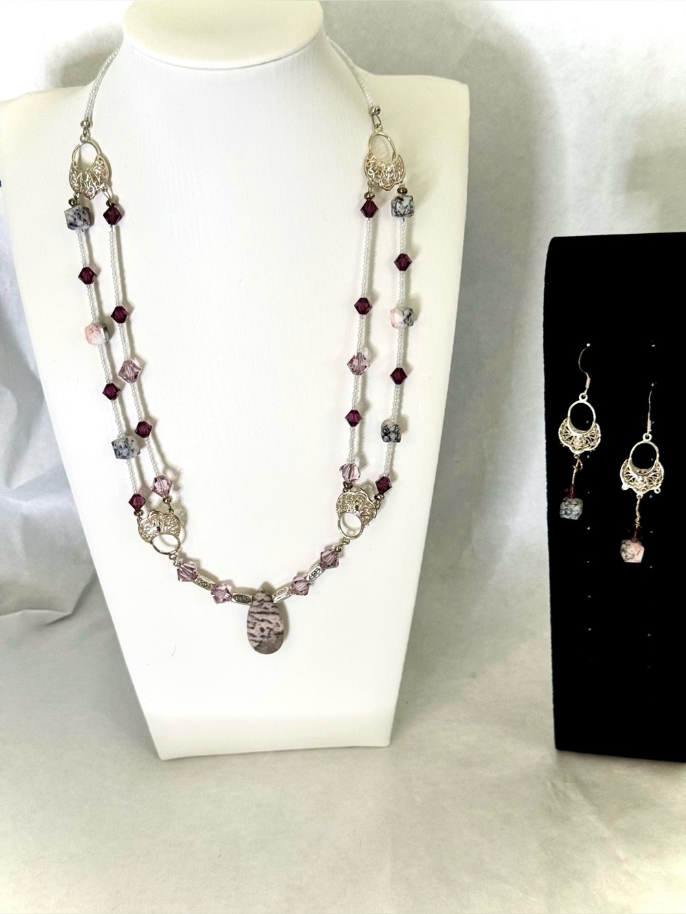 Pink Zebra Jasper Necklace and Earrings Set
